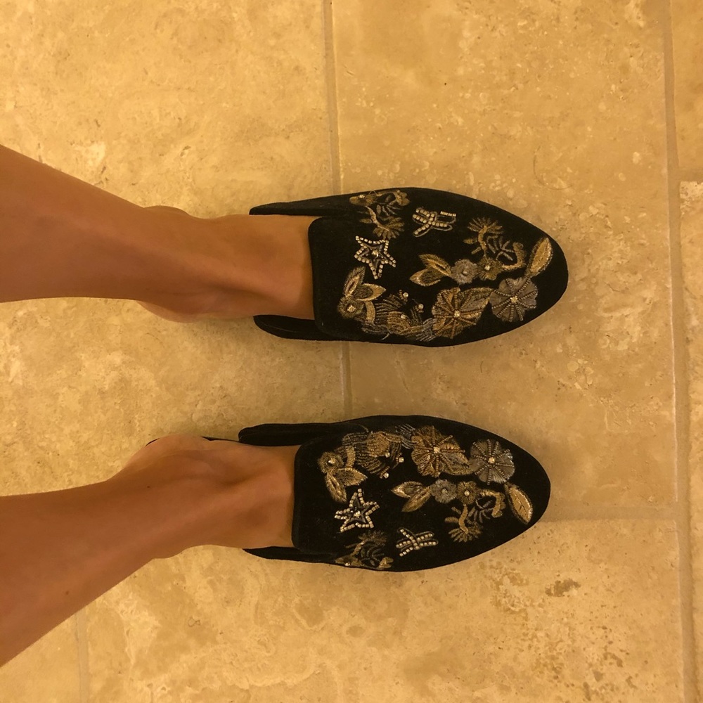 Betsy Johnson black velvet embellished mules